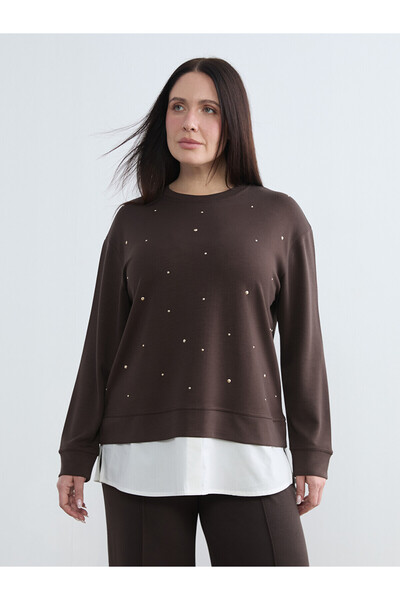 LC Waikiki Trendlucky Women's Sweatshirt with Oval Collar and Stones in Contr...