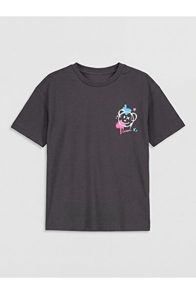 LC Waikiki Alita City Lcw Kids Gray Oval Neck Smileyworld Printed Girls' T-Sh...