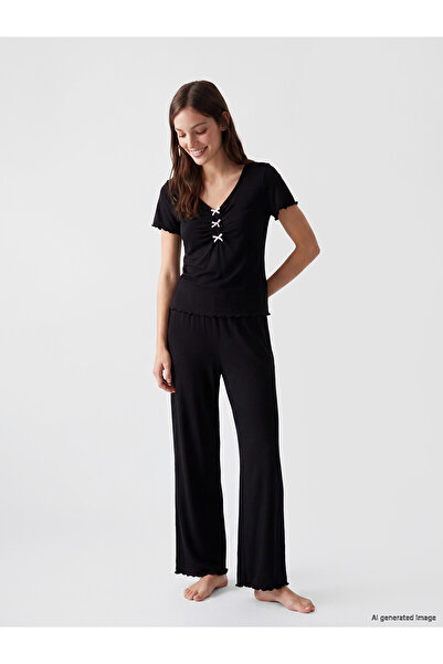 LC Waikiki Trendlucky Women's Pajama Set with V-Neck Bow Detail