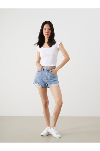 LC Waikiki Trendlucky Mom Fit Ripped Detailed Women's Jean Shorts with Differ...