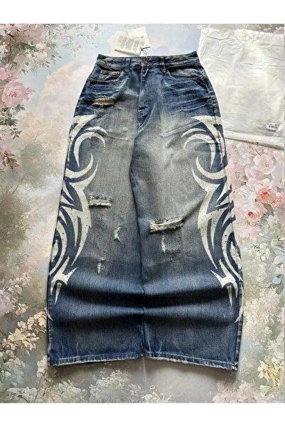 ARS Butik Pantaloni largi unisex, albastru marin, cu imprimeu tribal alb, sti...