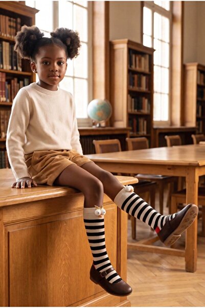 BONY SOCKS Kız Çocuk 3D Göz Aksesuarlı Ekru Dizaltı Okul Çorabı