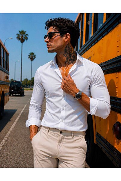 sepetx Erkek Premium Pamuk Saten Slim Fit Beyaz Gömlek | Modern ve Şık Tasarım