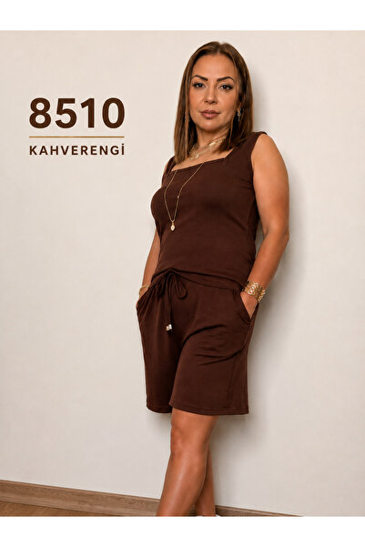 Nurnova 8510-5 Kadın Büyük Beden Kahverengi Kare Yaka Askılı Likralı Üst Ve B...