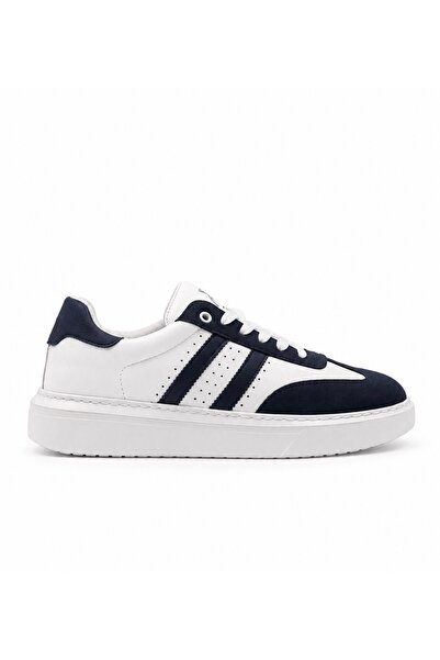 Premium Lacivert-Beyaz Erkek Sneaker – Suni Deri & Süet, Beyaz EVA Taban