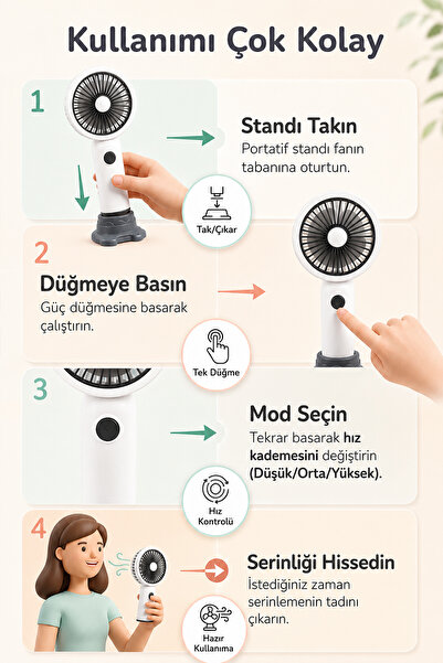 indirimsevinci 3 Kademeli Şarjlı Mini El Fanı Sessiz Taşınabilir Serinletici Fan