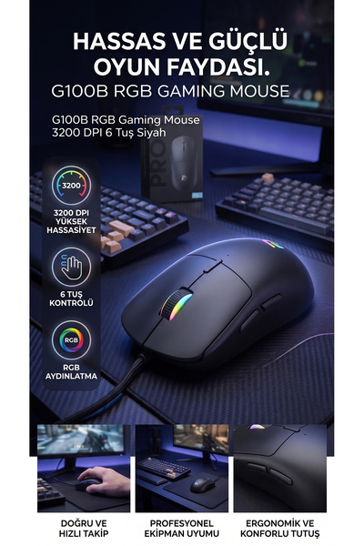 TEKMAKG RGB Işıklı Oyuncu Mouse 3200 DPI 6 Tuşlu 59g Ultra Hafif Gaming Mouse Kablolu
