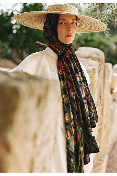 Freshscarfs Φλοράλ Σάλι Βισκόζης με Μοτίβο Ράμι, Μαύρο