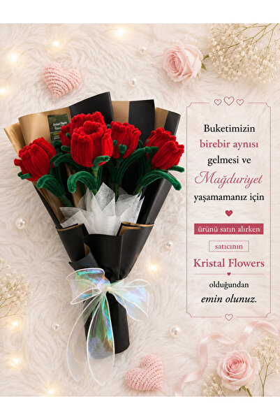 Kristal Flowers 8’li El Yapımı Kırmızı Gül Buketi – Solmayan Çiçek – Şönil