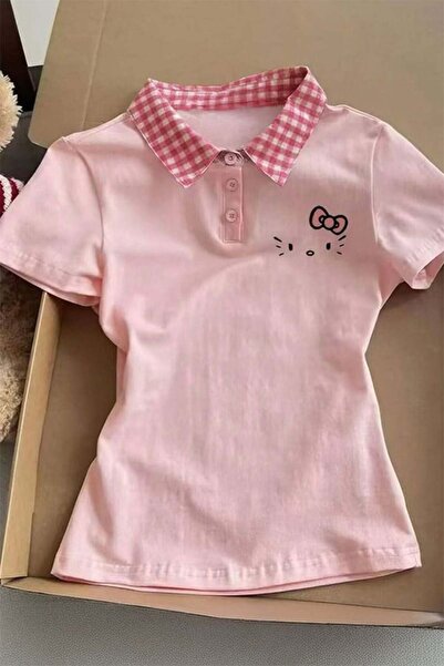 Karakedi Καρό μπλουζάκι πόλο με λαιμόκοψη Hello Kitty Y2K με κοντά μανίκια