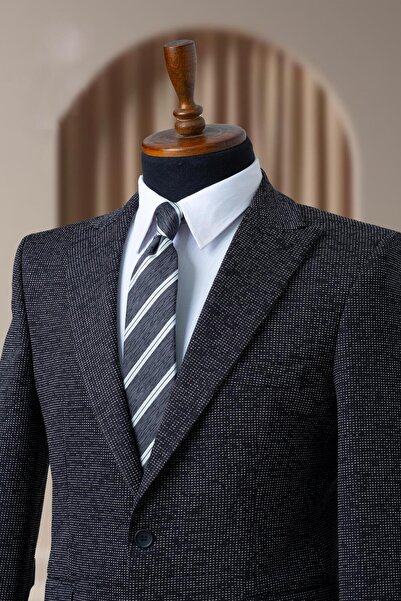 Sergio Ferraro Siyah Beyaz Dokulu Klasik Slim Fit İtalyan Stil Erkek Blazer C...