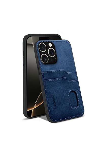 Zebana Apple iPhone 15 Pro Max Uyumlu Kılıf Kartlıklı Lüx Deri Kılıf Lacivert
