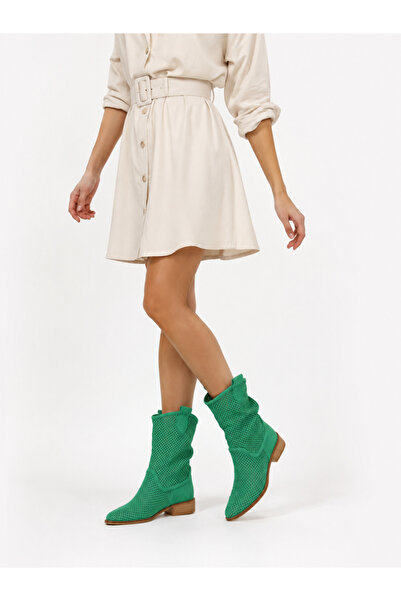 POTEEN Devine Suede Short Heel Perforated Summer Boots P100-Dark Green