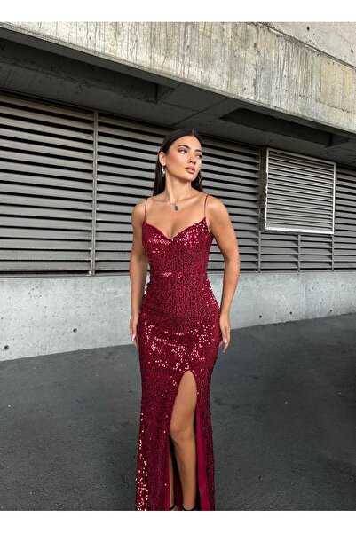 SELİN MODA EVİ Trend Yırtmaçlı Kadife Pulpayet Elbise Bordo 583293