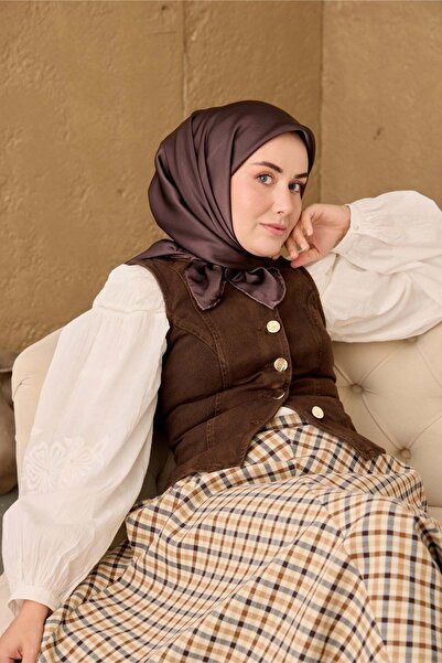Silk Home وشاح حرير سورا بلون بني رمادي سادة 90x90
