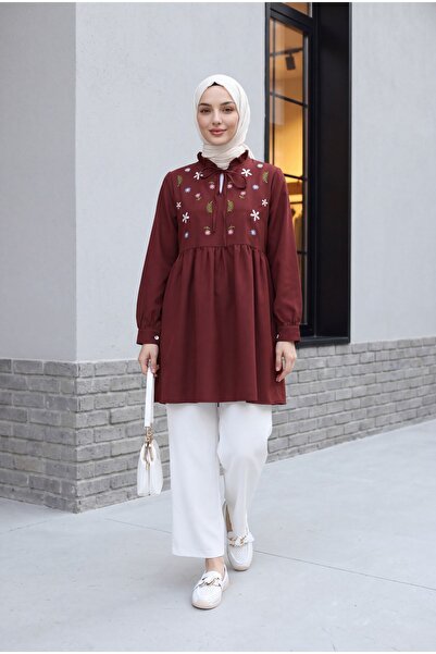 Modamorfo V-Neck Tie Collar Ruffled Floral Embroidered Poplin Tunic - Burgundy