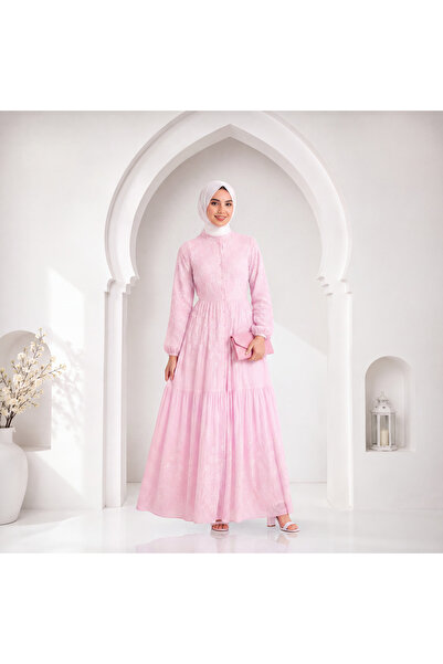 Muslima Wear Perla Rossa Women's Dress with Pearl Buttons and Pink Rose Pattern