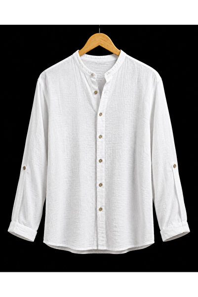 TECHTACT 100% Cotton Muslin Shirt, High Collar Foldable Sleeves Comfortable F...