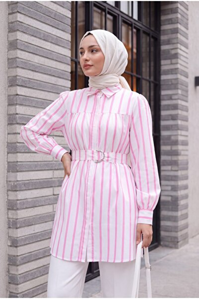 Modamorfo Thick Striped Shirt with Buckle Belt - Pink