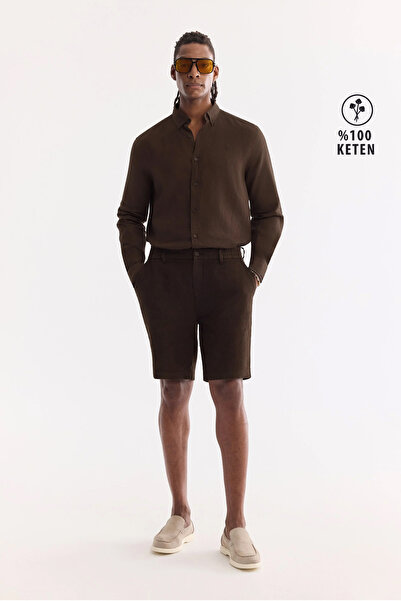 Avva Men's Brown Elastic Waist 100% Linen Relaxed Fit Shorts B003732