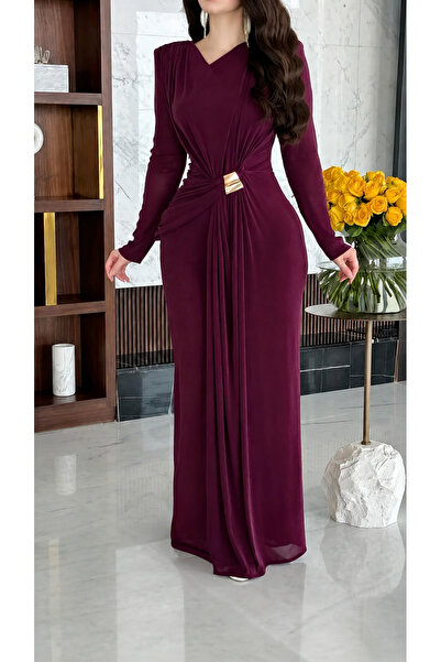 Opera Fashion فستان سهرة طويل بتفاصيل درابيه وإكسسوار بالخصر