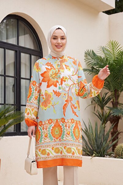 Modamorfo Floral Patterned Half-Button Cotton Viscose Tunic - Orange