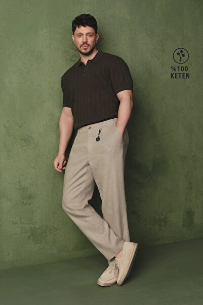 Avva Erkek Gri Beli Lastikli %100 Keten Relaxed Fit Pantolon B003032