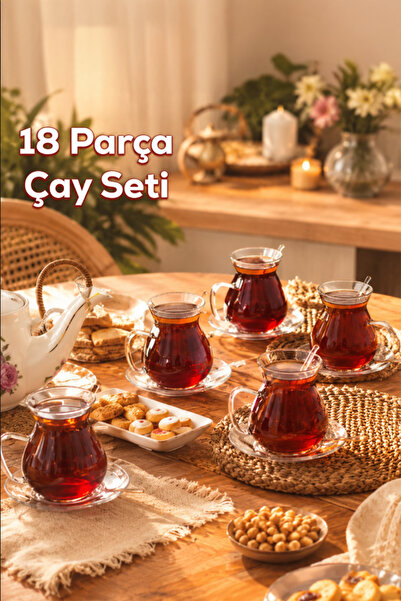 Porsima Keyf-i Ala 18 Parça Cam Tabaklı Borosilikat Çay Seti - 200 ml