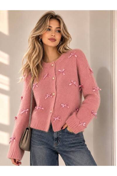 nathia outdoors Pembe Yumoş Triko Fiyonk kurdele Detaylı Kadın Prenses Hırka