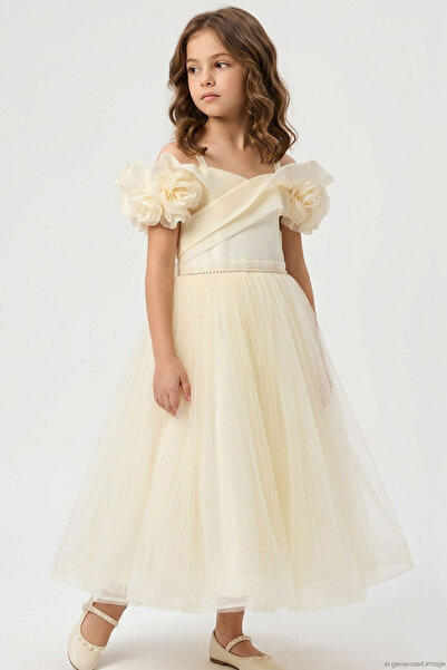 MONİTA Girl's Evening Dress, Rose Detail on the Shoulder, Stone Accessories o...