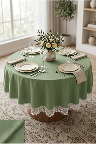 Rona Home Khaki Green Round Tablecloth Linen Look Luxury Dowry Style Living R...