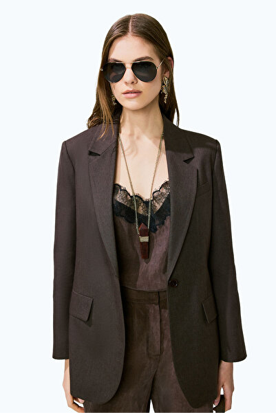 Roman Keten Tek Düğmeli Blazer Ceket Kahve YY016007_005