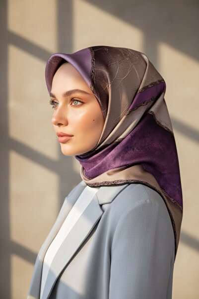 Vissona % 57 İPEK % 43 VİSKON Twill İpek Dokulu Geometrik Desenli Lila - Bej ...