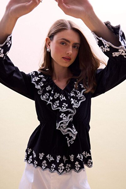 DeFacto 100% Cotton Regular Fit Voile Long Sleeve Black Blouse H4223Ax26Hs