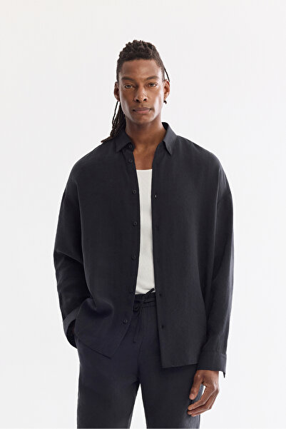 Avva Men's Black Bottom-Cut Collar Breathable Modal Blend Soft Touch Oversize...
