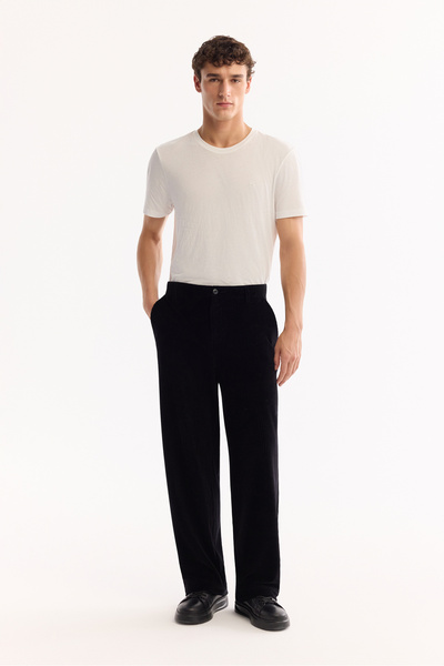 Avva Men's Black Cotton Soft Touch Baggy Fit Velvet Trousers A52Y3001