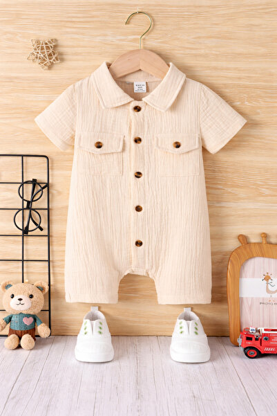 Bubito Unisex Baby&Child 100% Cotton Wooden Buttoned Pocket Muslin Jumpsuit-Ecru