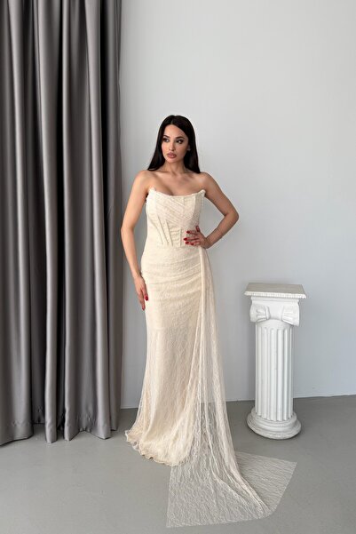 Serica Moda Taş Straplez Dantelli Drapeli Uzun Abiye Elbise