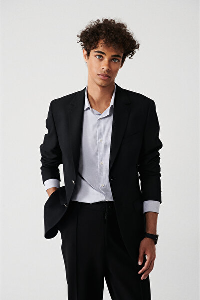 Avva Erkek Siyah Kapaklı Cepli Astarlı Çift Yırtmaçlı Yünlü Slim Fit Ceket A3...
