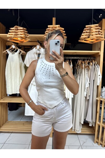 Gözde Tasarım Butik Women's White Color Halter Cutout Sleeveless Premium Ston...