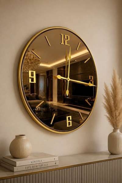 Mgs Duvar saati mobilya Glorya gold bronz aynalı duvar saati 50 santim