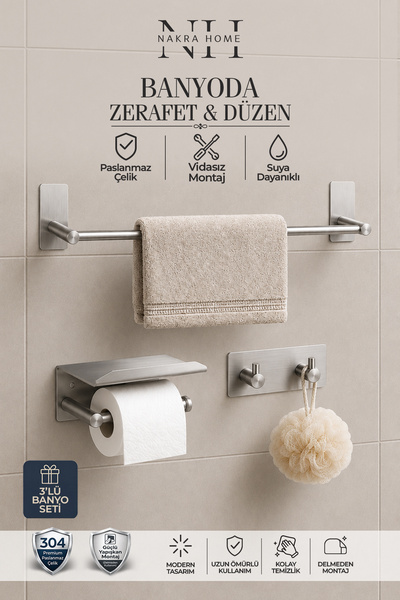 NAKRA HOME 3'lü Set Paslanmaz Çelik Yapışkanlı Havlu Askısı ve Tuvalet Kağıtl...