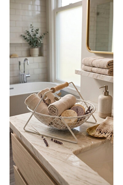 NTC METAL White Metal Multi-Purpose Organizer Basket with Wooden Handle, Rust...