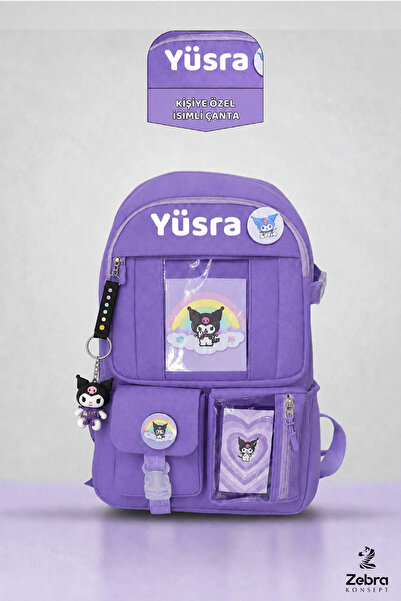 Zebra Konsept Kişiye Özel Isimli Kore Tarzı Okul Çantası Aksesuarlı Mor Kawai...