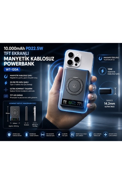 Zoli 10000 mAh MagSafe Uyumlu Manyetik Mini Powerbank 22.5W PD,15W Kablosuz Ş...
