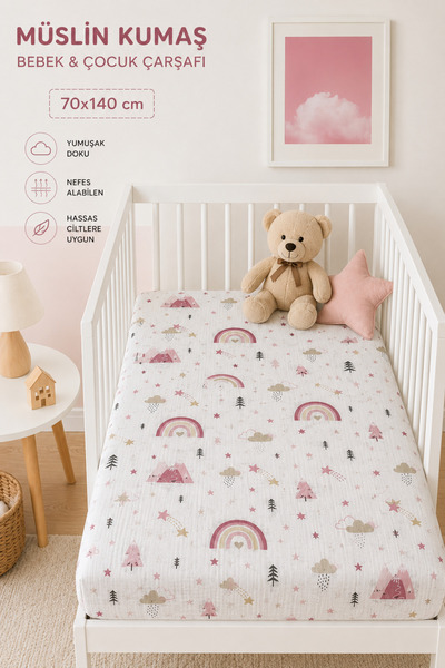 LADYNİL 100% Cotton Muslin Elastic Baby & Kids Bed Sheet 70X140 cm |   2 Laye...