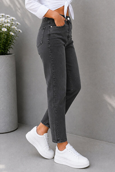 CEDY DENIM Mom Fit Jean Yüksek Bel Boyfriend Kesim Likralı Esnek Açık Gri Kadın Kot Pantolon C599