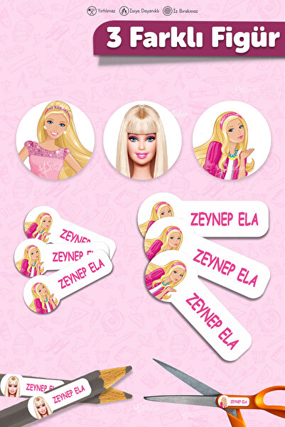 MSticker Okul Etiketi Kalem Defter Etiketi Barbie Özel Isim Yazılabilen Etike...