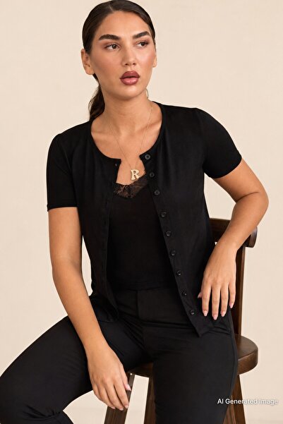 Madmext Black Lace Detailed Slim Fit Short Sleeve Women's Cardigan Mg2710