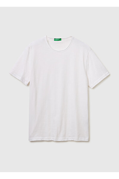 United Colors of Benetton تي شيرت رجالي أبيض 100% قطن بقصة عادية وياقة دائرية